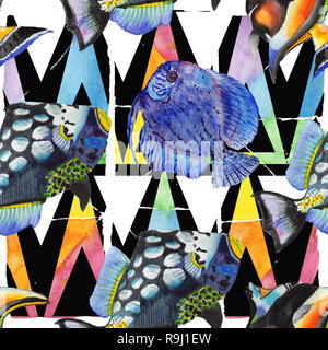 Aquarell aquatische Unterwasser bunten tropischen Fischen Abbildung. Nahtlose Muster. Stockfoto