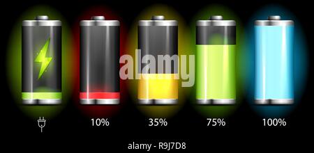 Realistische entladen und voll Batterie Smartphone aufgeladen - Vektor Infografik Stock Vektor