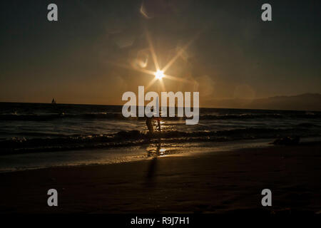 Surfer im Sonnenuntergang in Santa Monica Stockfoto