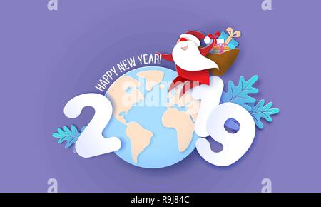 Moderne Papier Kreis Banner mit Santa Claus, Zahlen des Jahres und Globus Erde. Frohes Neues Jahr 2019. Origami Etikettenvorlage. Vector Illustration. Papier geschnitten und Handwerk Stil. Stock Vektor