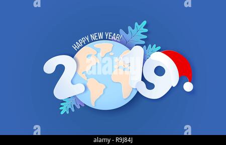 2019 Neues Jahr design Karte mit Globus und Mütze auf blauem Hintergrund. Vector Illustration. Papier geschnitten und Handwerk Stil. Stock Vektor