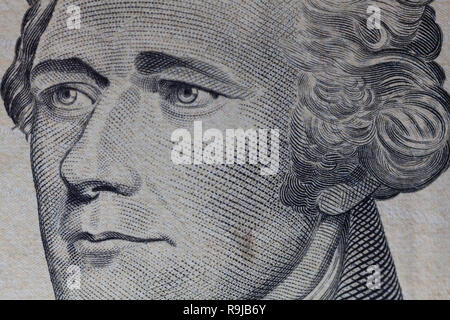 Alexander Hamilton Portrait Makro usa 10 dollar Banknote oder Rechnung. Stockfoto