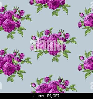 Bunte helle Hand gezeichnet nahtlose Muster mit blumensträussen Dahlien Garten Blumen auf einem blauen Hintergrund. Vector Illustration Stock Vektor