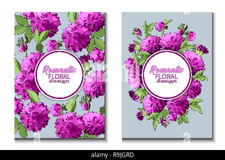 Satz von Flyer Broschüren mit lila Dahlien Blumen, Vorlagen, Design. Romantische Blumen Karten mit blauem Hintergrund. Vector Illustration Stock Vektor