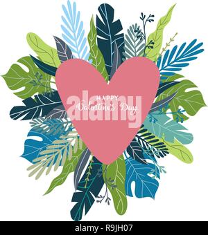 Blumen Hand zeichnen Design Konzept für Valentines Tag. Isolierte Blume Vector Illustration mit rosa Herzen und Text auf weißem Hintergrund Stock Vektor