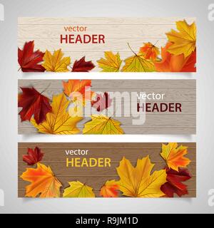 Satz von Herbst Banner mit Blätter auf Holz- Oberfläche Stock Vektor