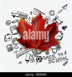 Zurück zu Schule Vector Illustration mit Hand gezeichnet Schulmaterial Doodles und Red maple leaf Stock Vektor