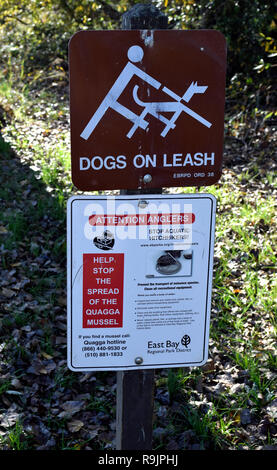 Hunde an der Leine und quagga mussel Warnzeichen an Garin East Bay Regional Park, Hayward, Kalifornien Stockfoto