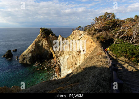 Mutter und Sohn gehen auf holzsteg am Koganezaki Kap auf der Halbinsel Izu in Japan Stockfoto