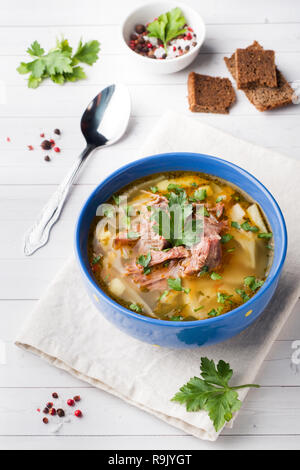 Russische traditionelle Kohlsuppe mit Fleisch und frischen Kräutern auf einem Leuchttisch Stockfoto