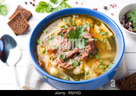 Russische traditionelle Kohlsuppe mit Fleisch und frischen Kräutern auf einem Leuchttisch Stockfoto
