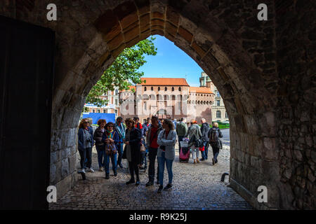 Gruppe der Touristen in der Altstadt von Krakow (Krakau) in Polen, Blick von der Hl. Florian Tor zum Barbican, Wahrzeichen der Stadt Stockfoto