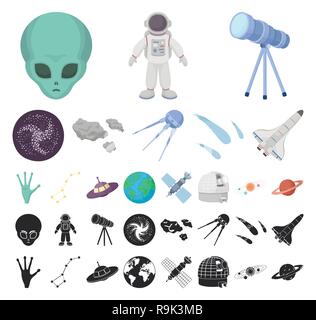 Space Technology Cartoon, schwarze Symbole in der Sammlung für Design. Raumfahrzeuge und Ausrüstung vektor Symbol lieferbar Abbildung. Stock Vektor