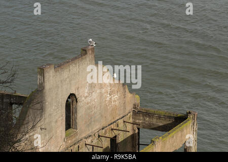 Die Reste der Viertel der Wärter auf die Insel Alcatraz Gefängnis in der Bucht von San Francisco, brannte im Jahre 1970 während der Indianischen Besetzung Stockfoto