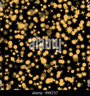 Nahtlose Muster von Golden Star Formen auf einem schwarzen Hintergrund. Brillante Textur von chaotisch gestreuten Teilchen. Vector Illustration. Stock Vektor