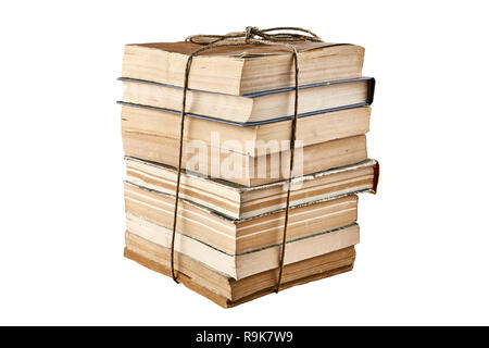 Bündel von alten Büchern gebunden mit String. Auf weissem Hintergrund. Stockfoto