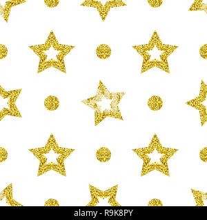 Nahtlose Muster von goldenen Sternen und runden Elementen. Die stilisierte brillante Abbildungen, Design Elemente. Zusammenfassung Hintergrund. Vector Illustration. Stock Vektor