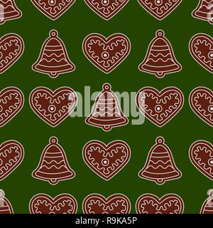 Nahtlose Muster mit Lebkuchen Glocken und Herzen. Urlaub Hintergrund. Design für Banner, Poster-, Textil-, drucken. Stock Vektor