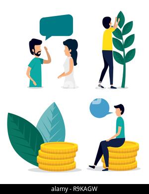 Ein Mann und eine Frau mit Sprechblase und Münzen Stock Vektor