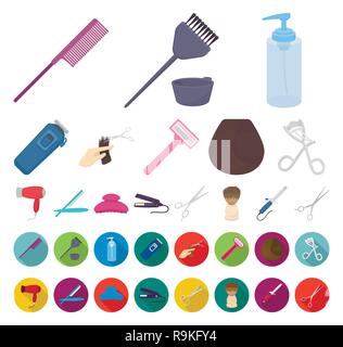 Kunst, Pinsel, Cartoon, flach, Sammlung, Färbung, Kamm, Schneiden, Design, Trockner, elektrische Ausrüstung, Haar, Haarschnitt, Friseur, Icon, Illustration, Bügeleisen, isoliert, Logo, Lotion, Master, Beruf, Rasierer, Safe, Salon, Service, Set, Rasieren, Scheren, Zeichen, gerade, Haarglätter, Symbol, Werkzeug, Trimmer, Vektor-, Web-, Vektor, Vektoren, Stock Vektor