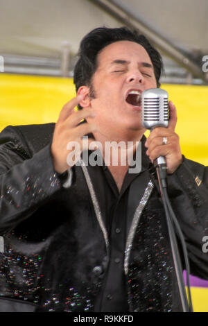 Ein Mikrofon, einen KOSTÜMIERTEN Elvis Presley Imitator singt ein Rock and Roll Song bei einem Musikfestival in Fullerton, CA. Stockfoto