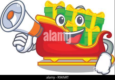 Mit megafon Santa sleigh mit Pfählen präsentiert Cartoon Stock Vektor