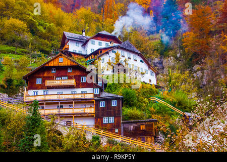 Malerische und herrlichen Blick auf den Hallstätter See und Hallstatt Stadt Szene, Unsesco, Österreich, Salzkammergut in Europa Stockfoto