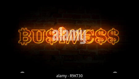 Business Concept Neon Licht auf Mauer Hintergrund. Glühende beleuchtete Zeichen von Dollar, bitcoin und Euro unterzeichnen. Retro Style 3D illustrati Stockfoto