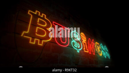 Business Concept Neon Licht auf Mauer Hintergrund. Glühende beleuchtete Zeichen von Dollar, bitcoin und Euro unterzeichnen. Retro Style 3D illustrati Stockfoto