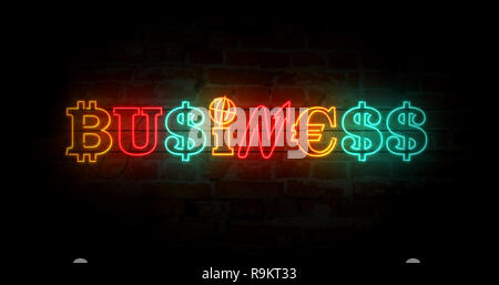 Business Concept Neon Licht auf Mauer Hintergrund. Glühende beleuchtete Zeichen von Dollar, bitcoin und Euro unterzeichnen. Retro Style 3D illustrati Stockfoto