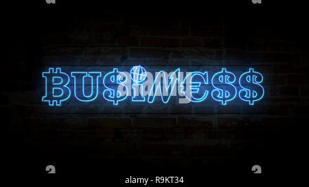 Business Concept Neon Licht auf Mauer Hintergrund. Glühende beleuchtete Zeichen von Dollar, bitcoin und Euro unterzeichnen. Retro Style 3D illustrati Stockfoto