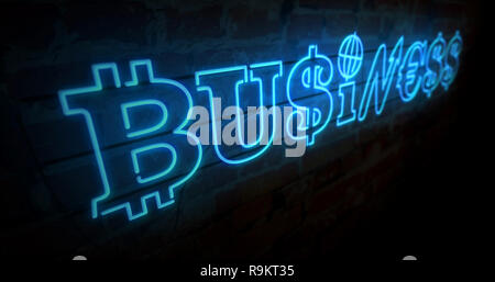 Business Concept Neon Licht auf Mauer Hintergrund. Glühende beleuchtete Zeichen von Dollar, bitcoin und Euro unterzeichnen. Retro Style 3D illustrati Stockfoto