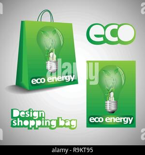Green Eco Shopping Bag Design mit Glühbirne und Etikett - Umweltfreundliche Entwicklung, Erneuerbare Energien Thema, Pflanze, die in einer Glühlampe Stock Vektor