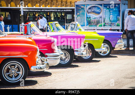 Zeile 5 mehrfarbige American Classic Cars in Havanna, Kuba Stockfoto