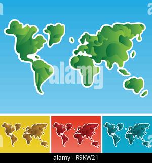 Handgezeichnetes World Map Design in Verschiedenen Farben - Moderner Stil Cartoon Concept Background Set, Creative Design - Illustration Template in Vector Stock Vektor