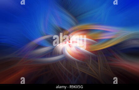 Blau, Rot und Orange kurvige Linien, heller in der Nähe der Fluchtpunkt in der Mitte. Futuristisch, Psychedelic und abstrakten Hintergrund mit unscharfen Motion Stockfoto
