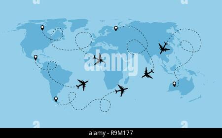 Flugzeug gepunktete Flug Hintergrund oben Weltkarte. Vector Illustration EPS 10. Stock Vektor