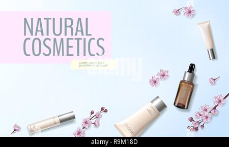 Cherry Blossom organische Kosmetik ad Vorlage. Hautpflege Essenz Vitamin creme rosa Frühling Blumen 3D realistische Detaillierte mockup. Sakura hellblauen Hintergrund flach Silber Vector Illustration Stock Vektor