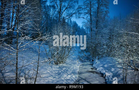 Gefrorene Creek in einer ruhigen Winternacht Szene unter dem schönen blauen Himmel. Schnee duckte sich Bäume in sehr kaltem Wetter in Finnland. Stockfoto