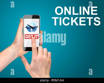 Hand mit einem Mobiltelefon. Flugtickets online Konzept kaufen. Vector Illustration EPS 10. Stock Vektor