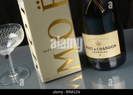 Flasche Moët & Chandon. Moët & Chandon ist einer der größten Produzenten Champagner der Welt. 1743 gegründet, besitzt jetzt über 1500 Hektar Reben Stockfoto