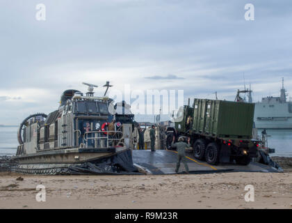 181124-N-PH 222-1392 Rota, Spanien (Nov. 24, 2018) Matrosen zu Angriff Handwerk Einheit 5 zugewiesen, schiffte sich auf der San Antonio-Klasse amphibious Transport dock Schiff USS Anchorage LPD (23), offload Fahrzeuge von einer Landing Craft, Luftkissen (LCAC) in Rota, Spanien, November 24, 2018. Anchorage und schiffte sich 13 Marine Expeditionary Unit werden in den USA 6 Flotte Bereich arbeiten wie eine Krise Response Force zur Unterstützung der regionalen Partner sowie bereitgestellt die nationale Sicherheit der USA Interessen in Europa und in Afrika zu fördern. (U.S. Marine Foto von Mass Communication Specialist 3. Klasse Ryan M. Breeden/Freigegeben) Stockfoto