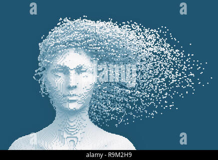 Weiß Pixelated Kopf einer Frau und 3D-Pixel wie Haare auf blauem Hintergrund. 3D-Darstellung.