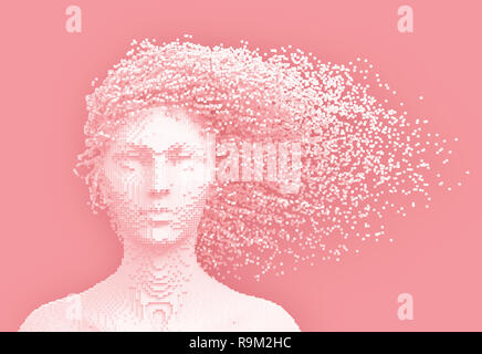 Rosa Pixelated Kopf einer Frau und 3D-Pixel wie Haare. 3D-Darstellung.