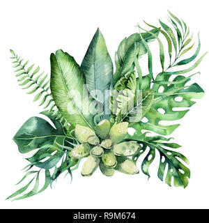 Hand gezeichnet Aquarell tropische Blumen Blumensträuße. Exotische Palmen, Dschungel Baum, Brasilien tropic Botanik Elemente und Blumen. Perfekt für Stoff Design. Stockfoto