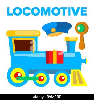 Lokomotive Vektor. Kinder Spielzeug. Zug Straße Bahn. Isolierte Cartoon Illustration Stock Vektor