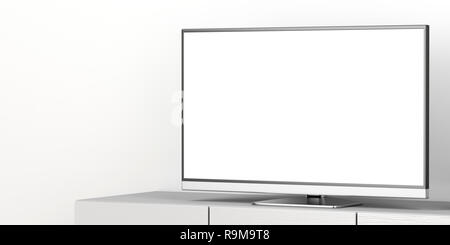 Großer Flachbildfernseher mit leeren Bildschirm auf TV-Standfuß, in der Nähe Stockfoto