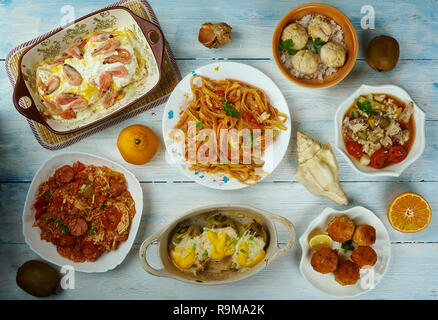 Creole, Küche, Traditionelle verschiedene Gerichte, Ansicht von oben. Stockfoto