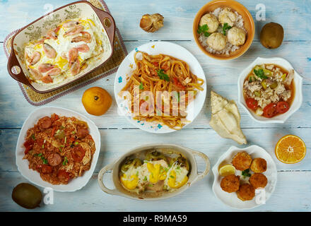 Creole, Küche, Traditionelle verschiedene Gerichte, Ansicht von oben. Stockfoto