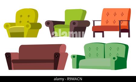 Sofa, Sessel Set Vektor. Home Möbel. Wohnzimmer. Isolierte Cartoon Illustration Stock Vektor